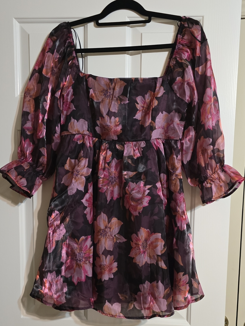 Party Dress Floral Square-Neck Sheer Peasant Blouse - Pink/Black